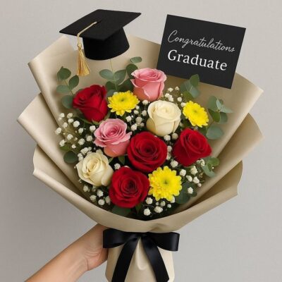 "The Graduate" Premium Mixed Rose & Gerber Bouquet with Mini Cap