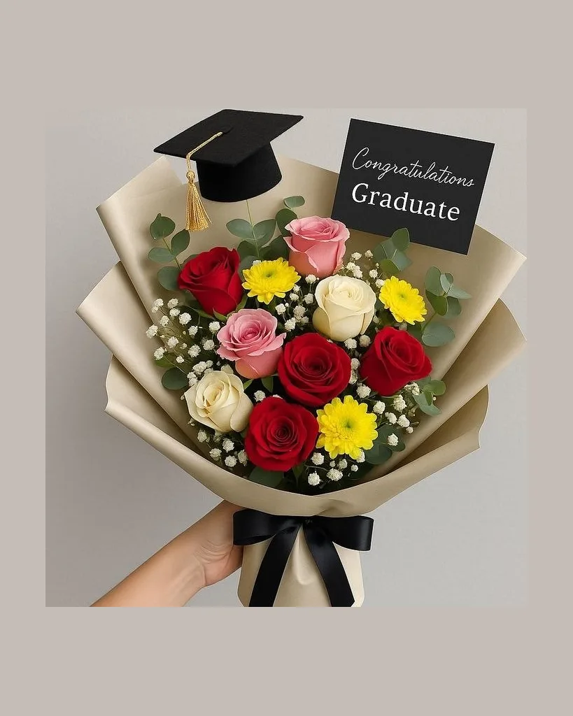 "The Graduate" Premium Mixed Rose & Gerber Bouquet with Mini Cap