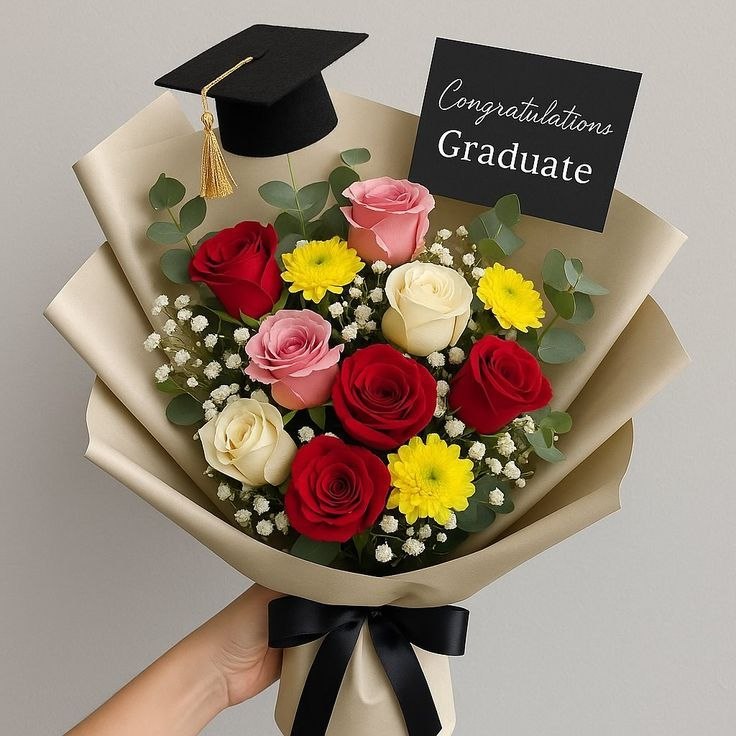 “The Graduate” Premium Mixed Rose & Gerber Bouquet with Mini Cap